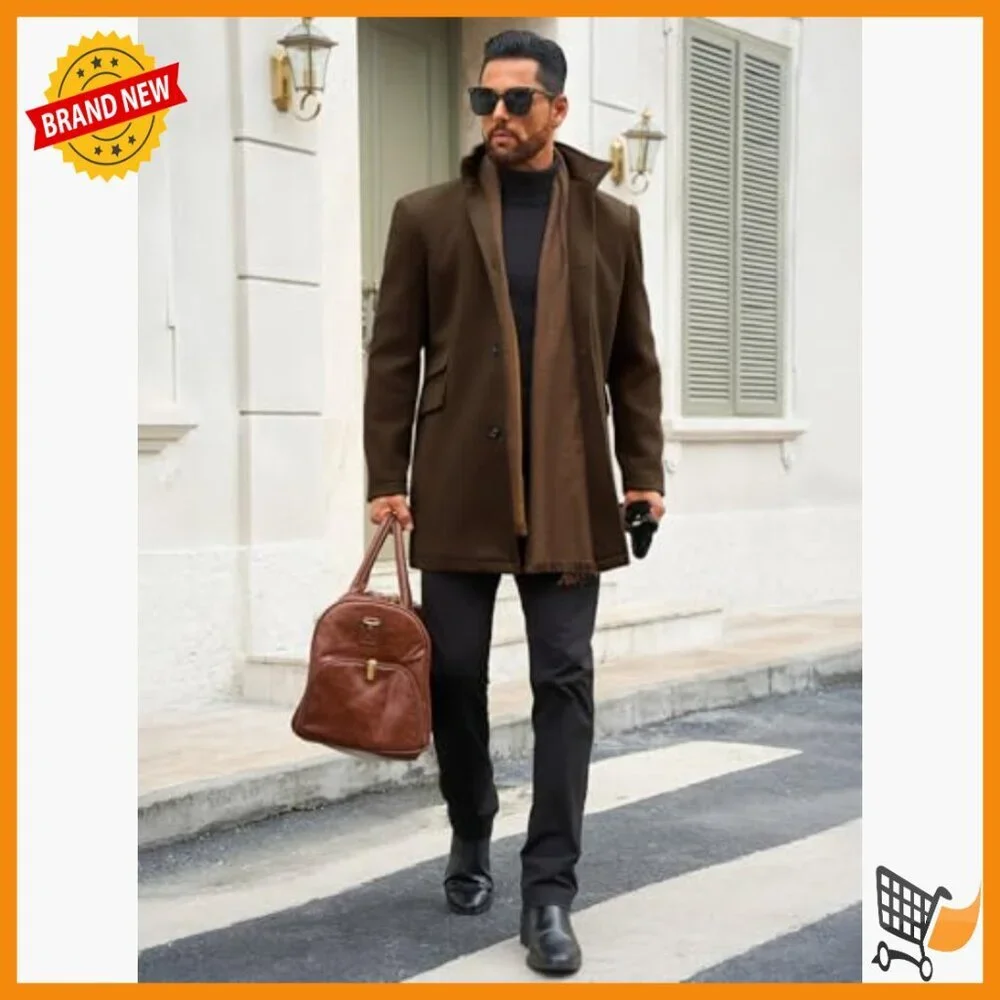Men's Slim Fit Pea Coat Winter Overcoat with Pockets Stand Collar